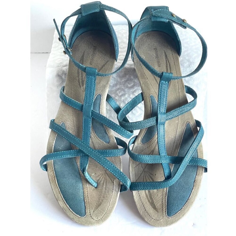 Patagonia Comfort Strap Sandals Women 8 Blue Leather Bandha Criss-Cross Cushion